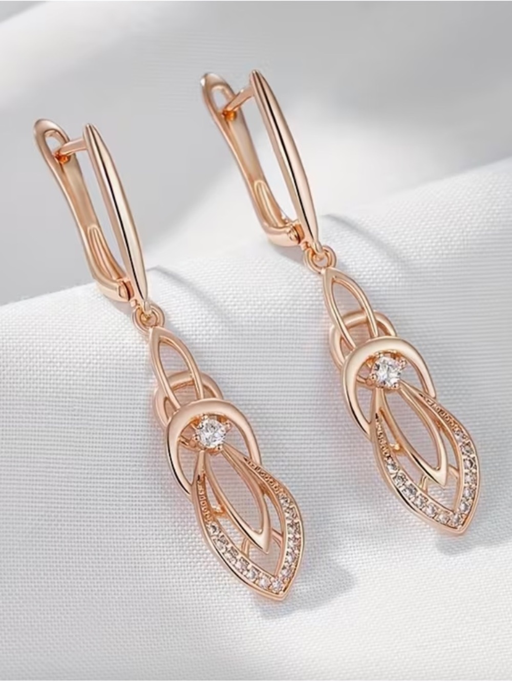 Rose Gold Long Drop Earrings With Clear Stones. - Picture 6 of 8